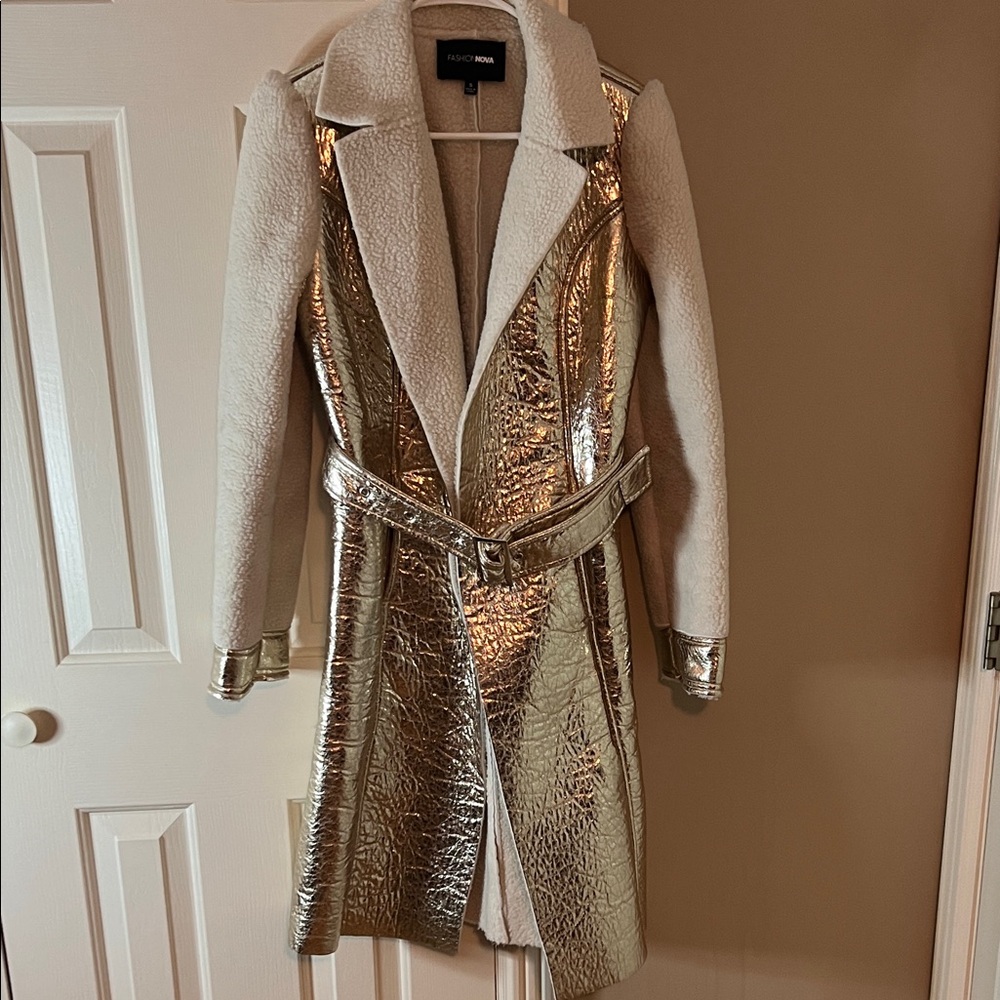 Fashion Nova Metallic Gold and Cream Trench Coat